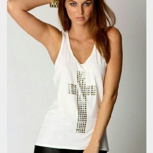 NWT WHITE  SILVER STUDDED CROSS RIVETS TANK TOP