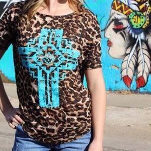 Leopard top with turquoise cross