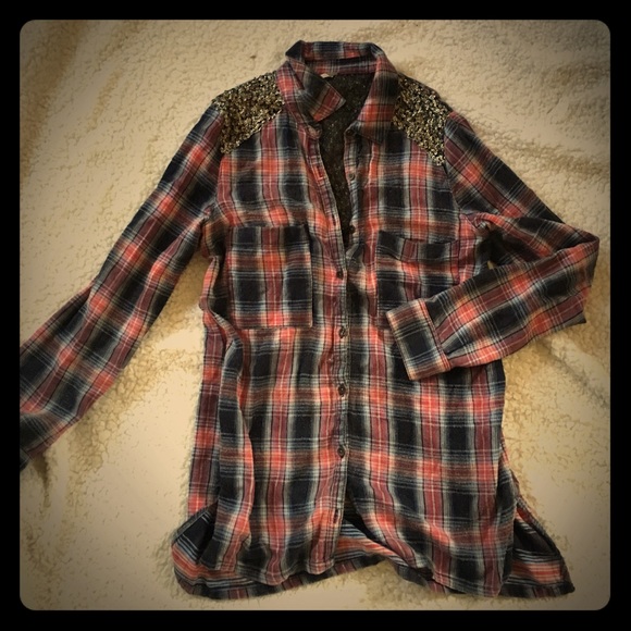 Free People plaid shirt with sequins