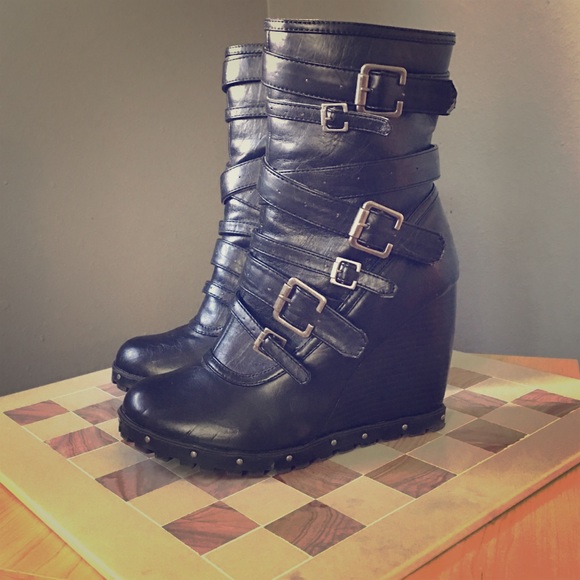 Black dollhouse calf boot with wedge heel