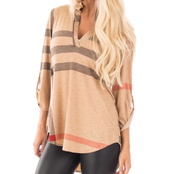 Tan Plaid 3/4 Sleeve Tunic Top S M L - Picture 2 of 2