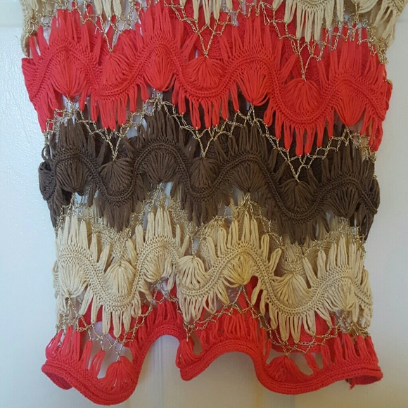 Coral/Olive/Tan Crochet Top - Picture 2 of 4