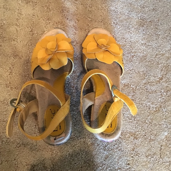Mustard color flowered wedges