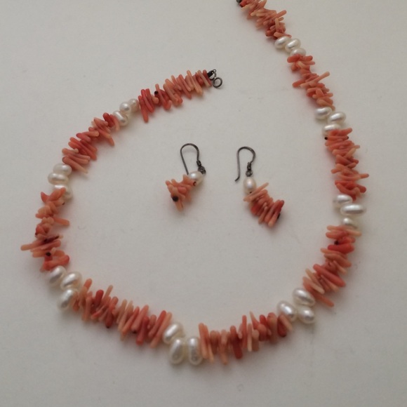 Natural corals ,  pearl  sterling silver necklace