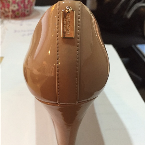 Coach nude, tan patent wedge heals