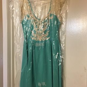 A Teal Embroidery Beige A-line dress