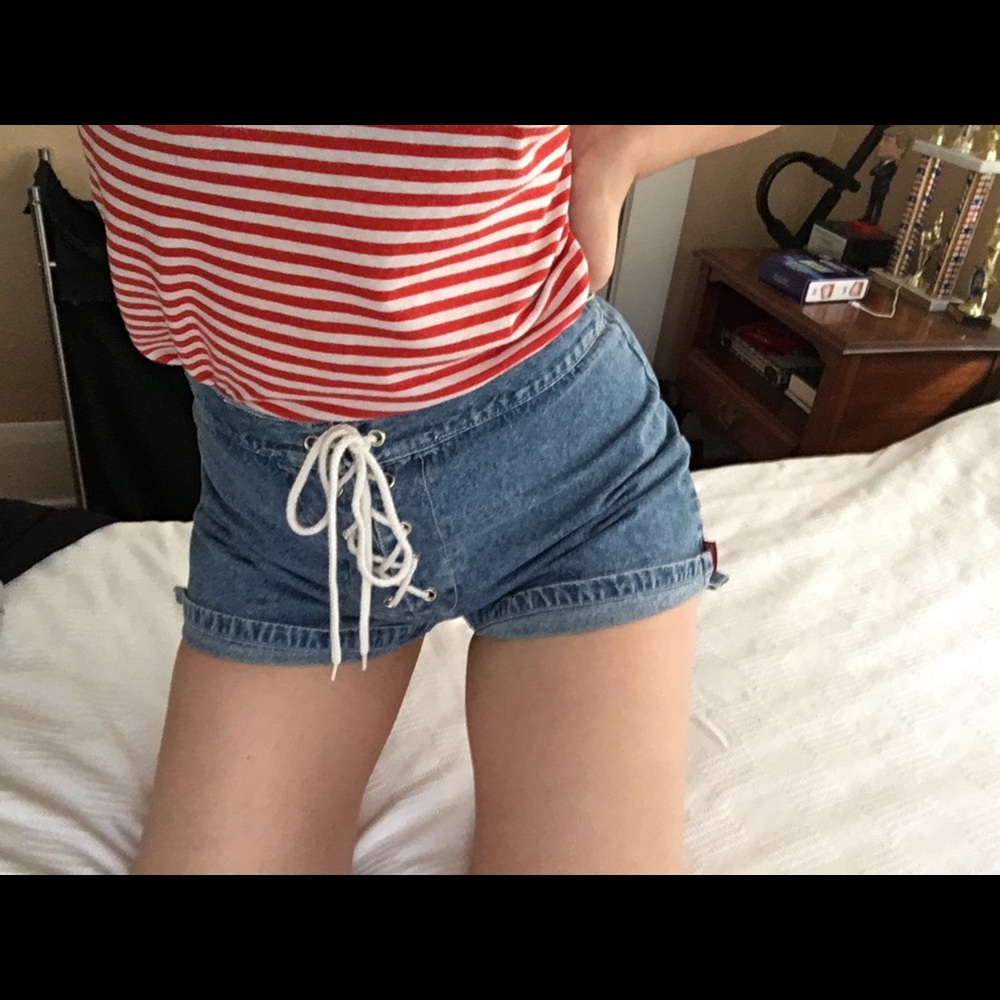 Lace Up High Rise Vintage Denim Shorts