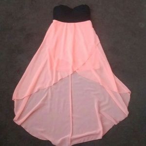 Strapless high low black and bright coral dress