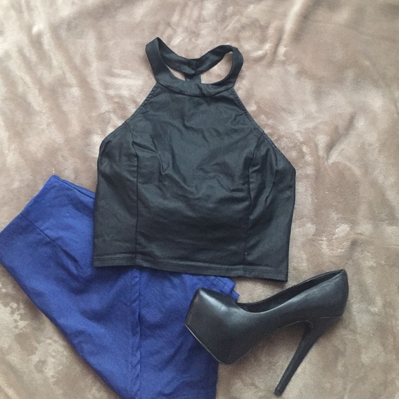 Solemio Tops - Faux Leather Halter Crop Top