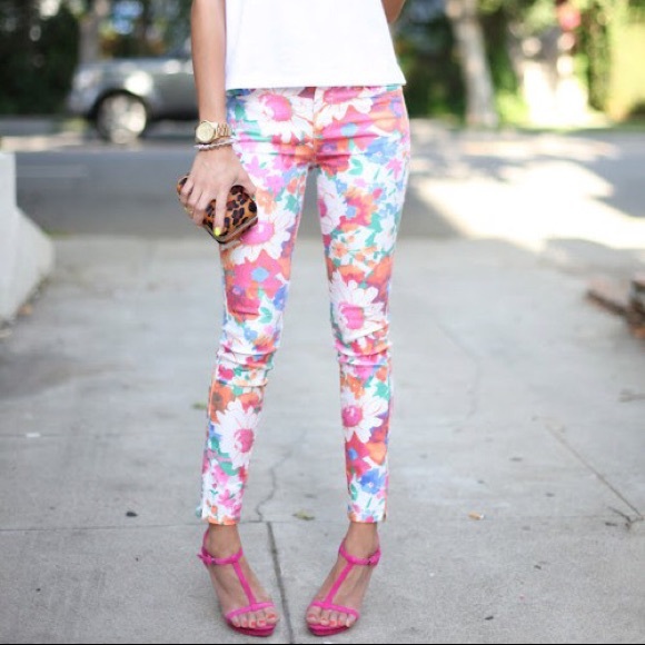 Zara Floral Flower Skinny Jeans Zipper Ankles