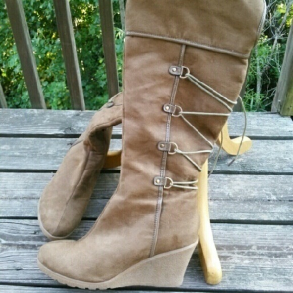Tan wedge knee boots