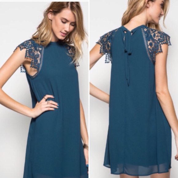 ❣️LAST❣️ Fall Teal Lace Cap Sleeve Elegant Dress - Picture 2 of 4