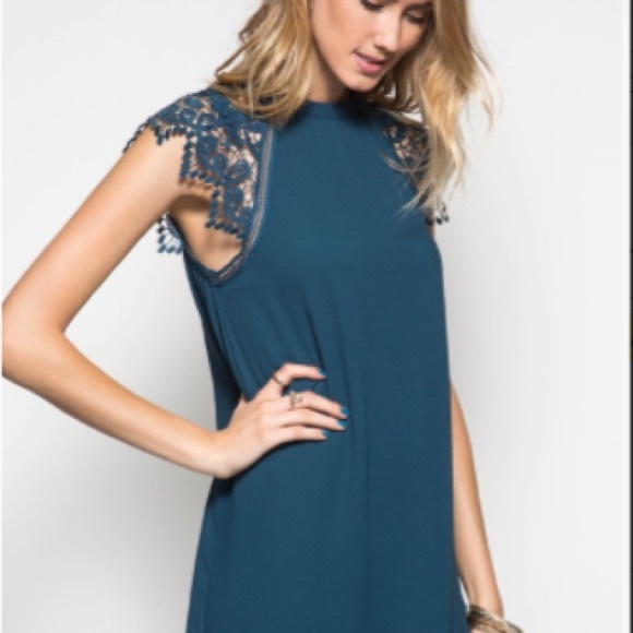 ❣️LAST❣️ Fall Teal Lace Cap Sleeve Elegant Dress - Picture 4 of 4