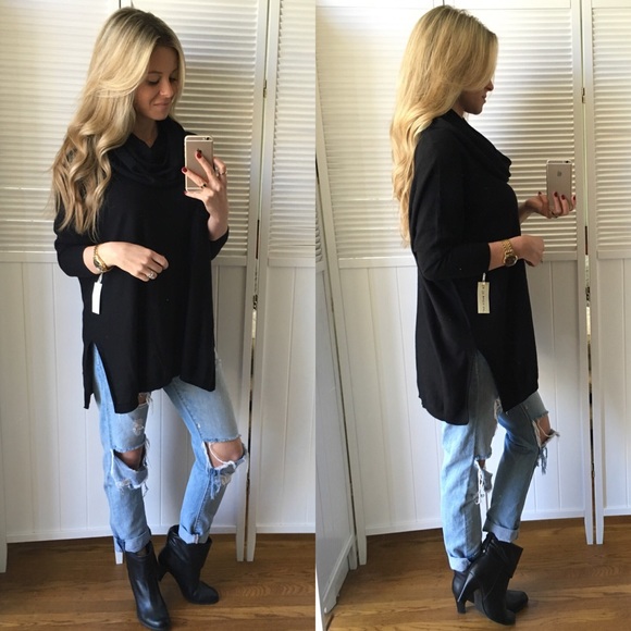 ✨Sale/Last • Pitch Black 3/4 Sleeve Cowl Neck - Picture 3 of 4