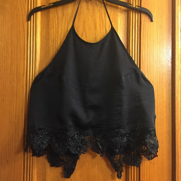 Navy blue lace trim halter top with open back