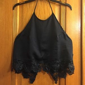 Navy blue lace trim halter top with open back