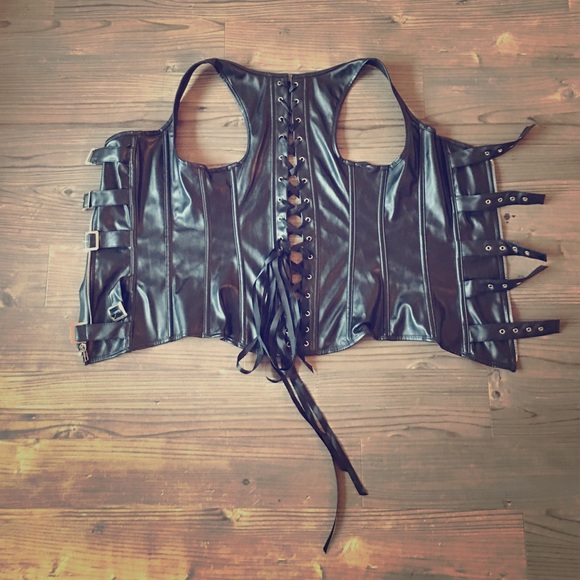 Lace-up, faux-leather corset with zipper and strap - Picture 1 of 3