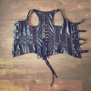 Lace-up, faux-leather corset with zipper and strap