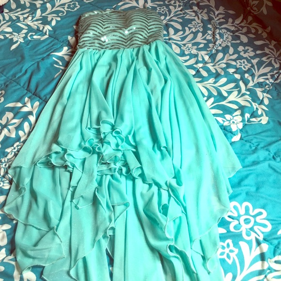 Turquoise & Sequence High-Low & Strapless Dress