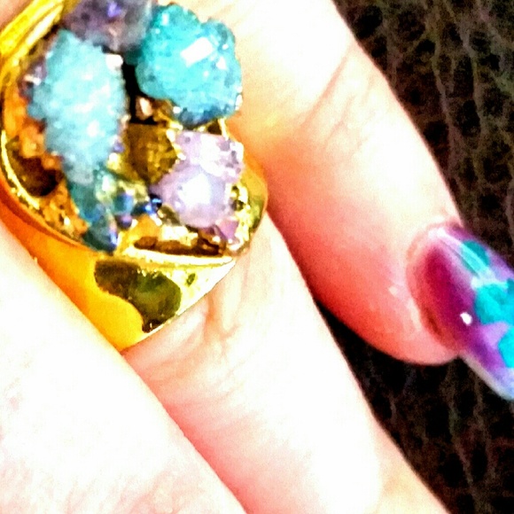 24k gold-plated druzy quartz amethyst ring - Picture 2 of 4