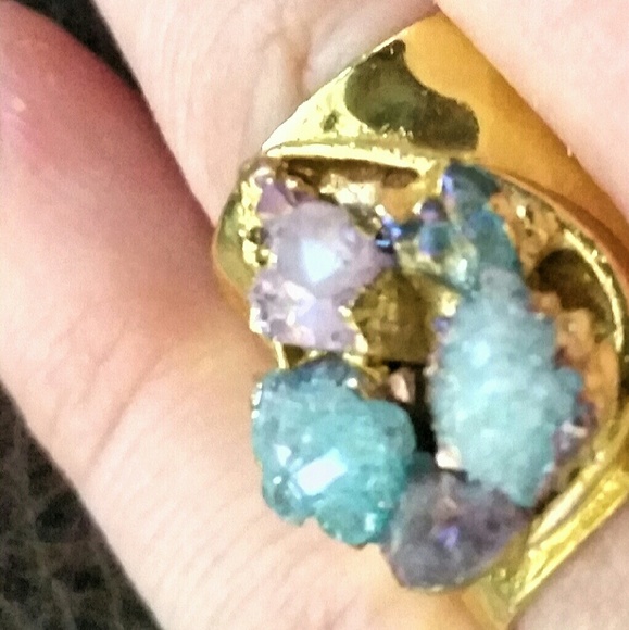 24k gold-plated druzy quartz amethyst ring - Picture 3 of 4