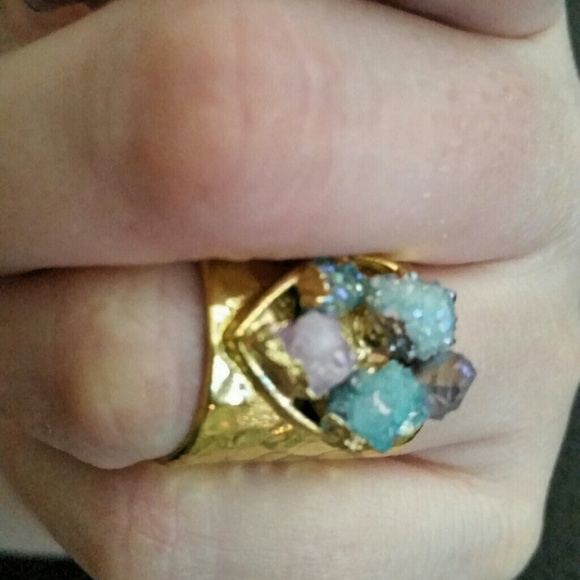 24k gold-plated druzy quartz amethyst ring - Picture 4 of 4