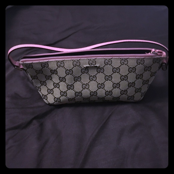 GUCCI Pink Leather Trim Pouch GG Canvas Wristlet