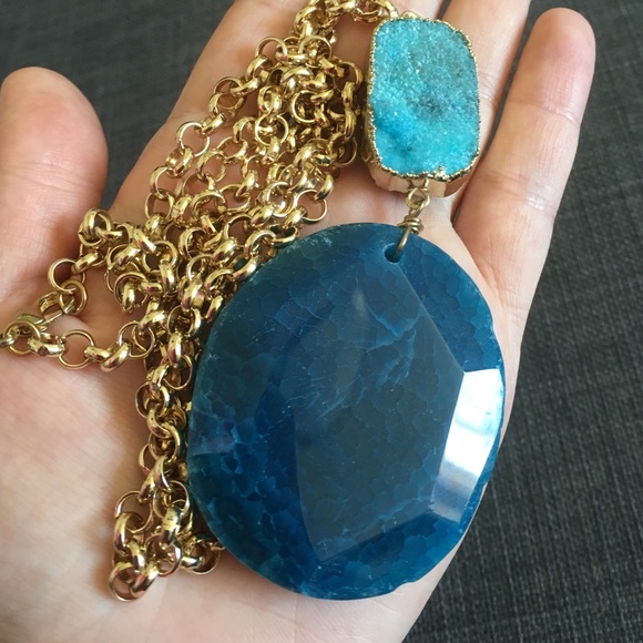Gold & Turquoise & Blue Stone Pendant Necklace. - Picture 2 of 4
