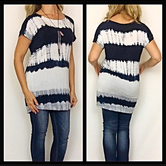 Tie Dye Tunic Top S M Black White Indigo Tee - Picture 2 of 3