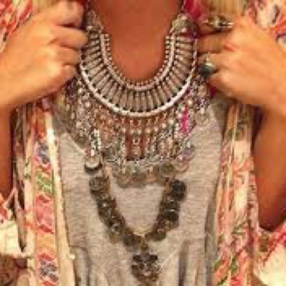 Free People silver boho gypsy statement necklace.