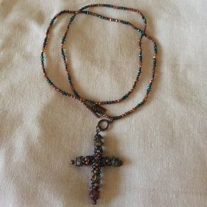 Cross fashion necklace bronze/teal color