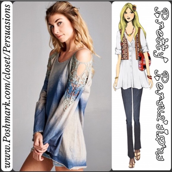 NWT Navy Crochet & Tie Dyed Long Bell Sleeve Top - Picture 4 of 4