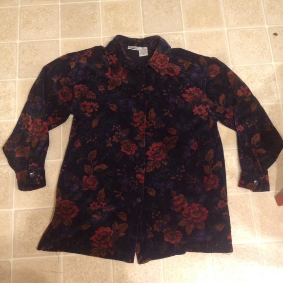 Vintage Navy Blue Floral Velvet Button Up
