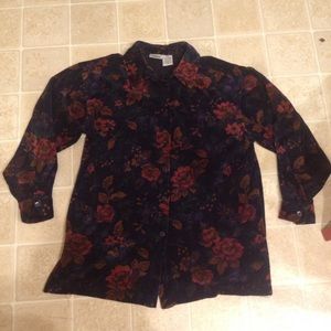 Vintage Navy Blue Floral Velvet Button Up