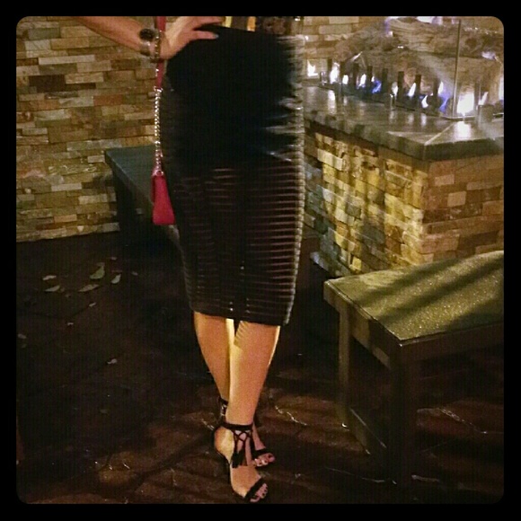 Black and sheer striped pencil midi skirt