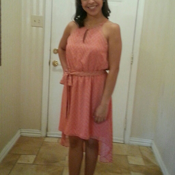 Coral and tan chiffon dress