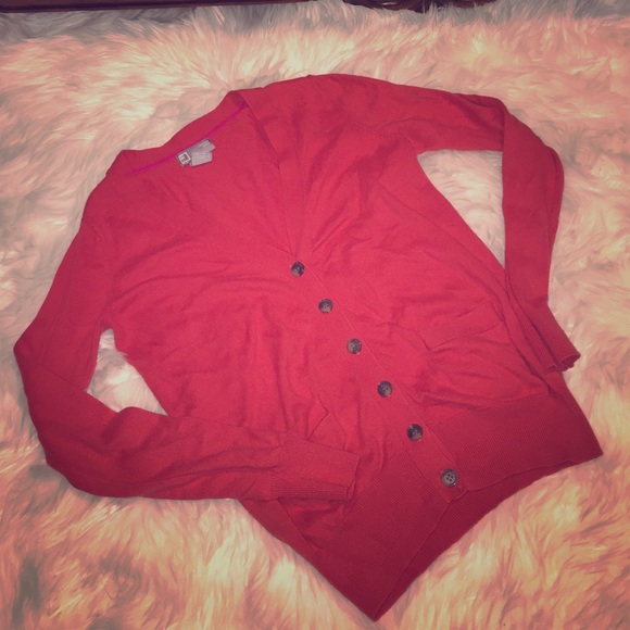 Red V-neck cardigan sweater, long sleeve cashmere