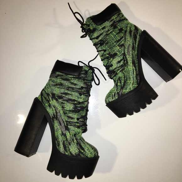 Shoes - Athena Green Tapestry Heeled Lace Up Boot Shoes - Athena Green Tapestry Heeled Lace Up Boot