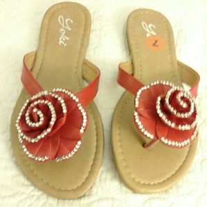 NEW Yoki red thong sandals w/ Crystal edge flowers