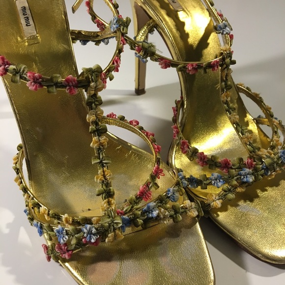 Miu Miu Shoes - Miu Miu Gold Leather Floral Strappy High Heel Miu Miu Shoes - Miu Miu Gold Leather Floral Strappy High Heel