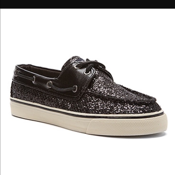 Ladies Sperry Top Sider Black Glitter Lace Up