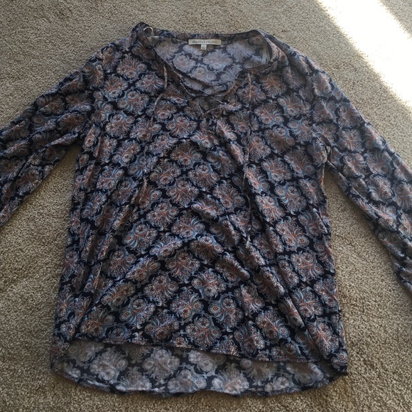 navy paisley chiffon lace up long sleeve blouse