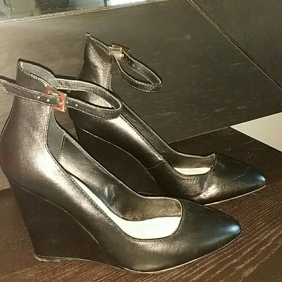 Stylish ankle strap black leather wedges