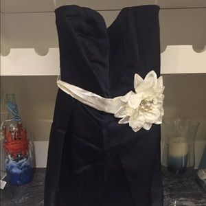 Navy formal dress with white flower ribbon tie