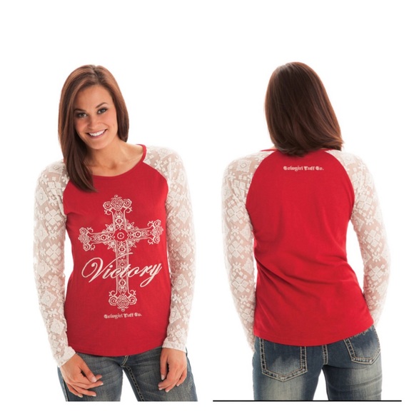 NW-Red Cowgirl Tuff Shirt with Lace Long Sleeve