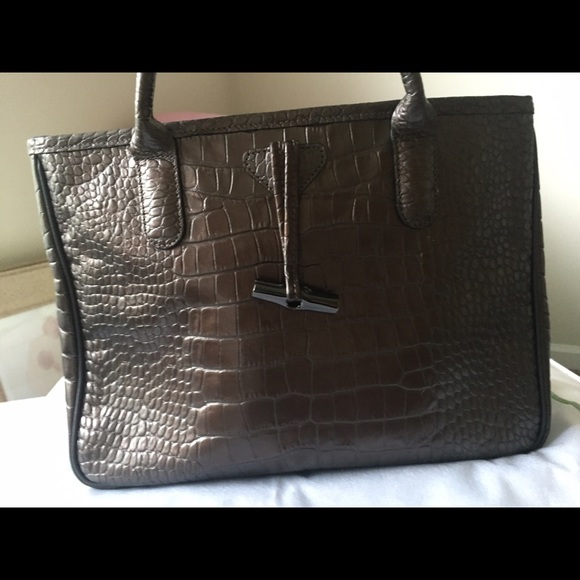 LongChamp Rosesu- Croc-Embossed Tote-Pewter - Picture 2 of 4
