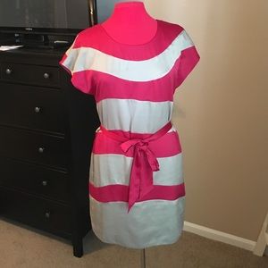 Champagne and red tie waist dress