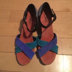 Cobalt and green Toms wedge sandals
