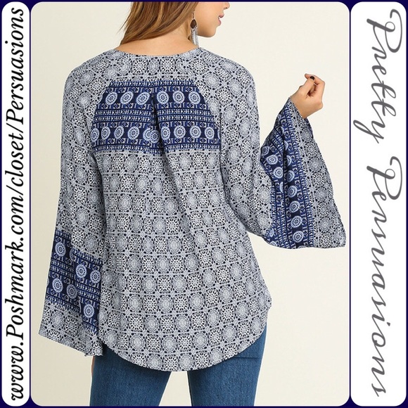 LAST 1‼️Border Print Bell Sleeve Strappy Neck Top - Picture 3 of 4