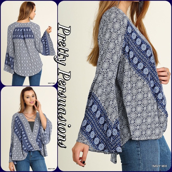 LAST 1‼️Border Print Bell Sleeve Strappy Neck Top - Picture 4 of 4